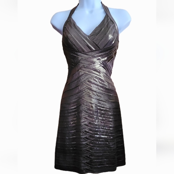 BCBGMaxAzria Metallic Gold Halter Mini Dress - Picture 4 of 14